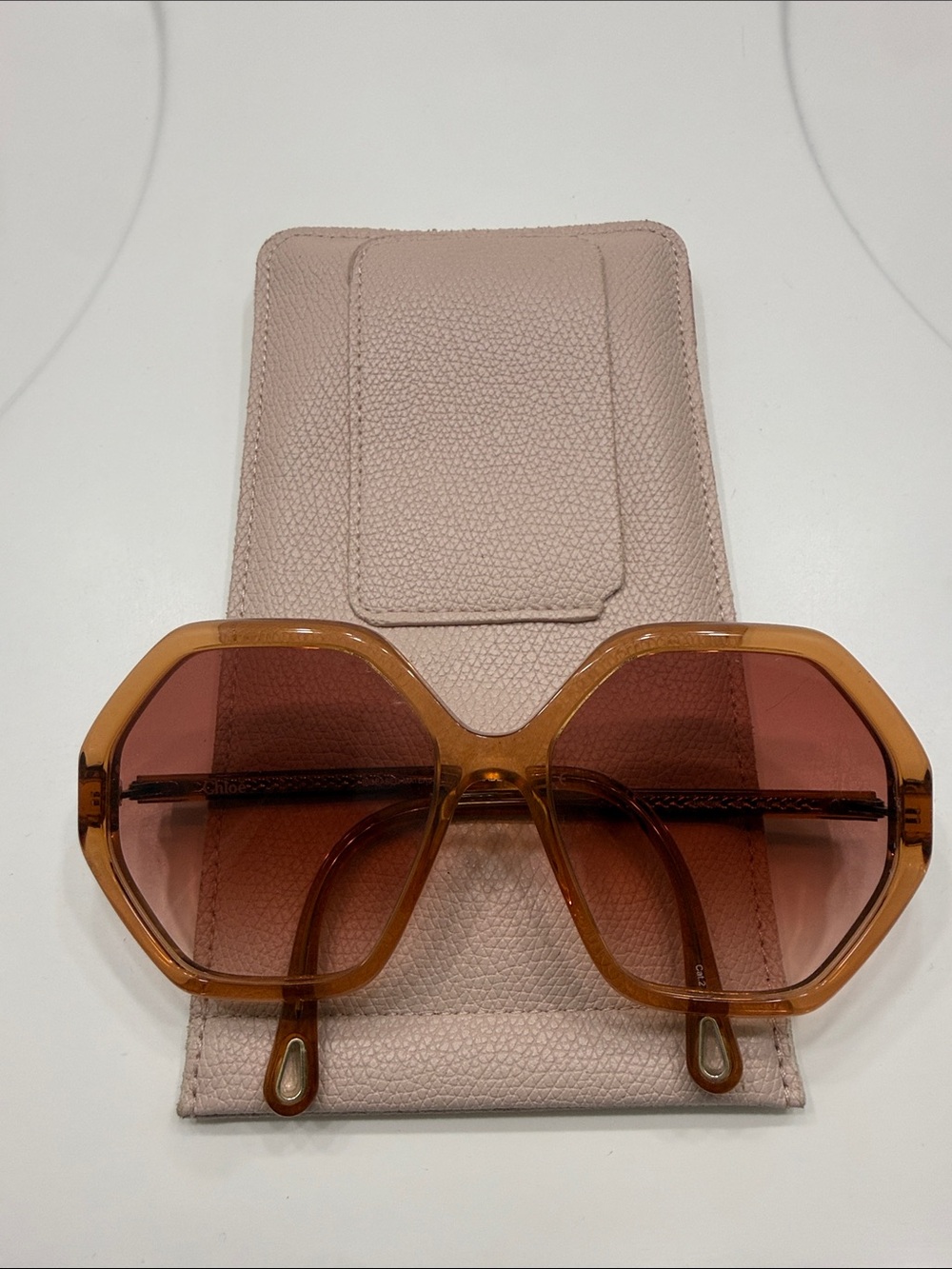 Chloe Amber Hexagon Sunglasses with Pink Lenses